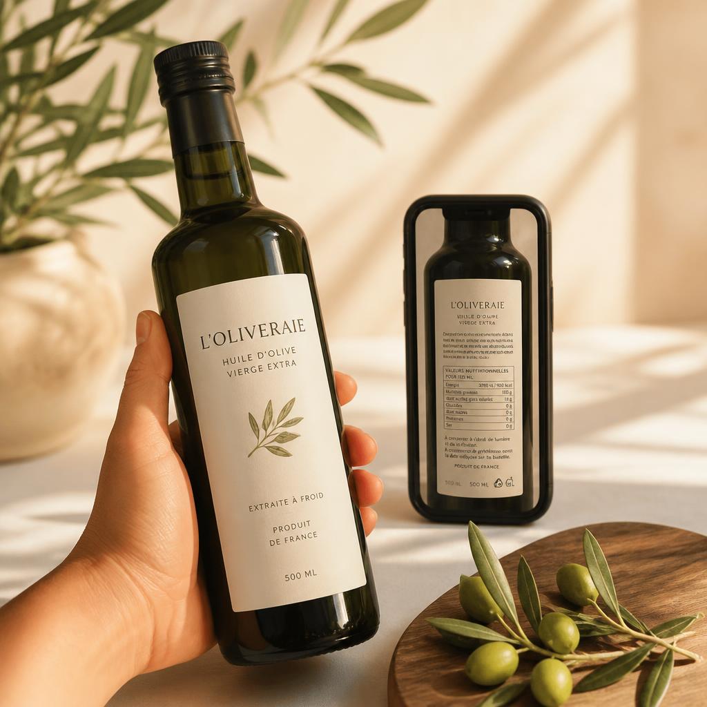 Bouteille d'huile d'olive tenue en main, son étiquette arrière visible sur un téléphone