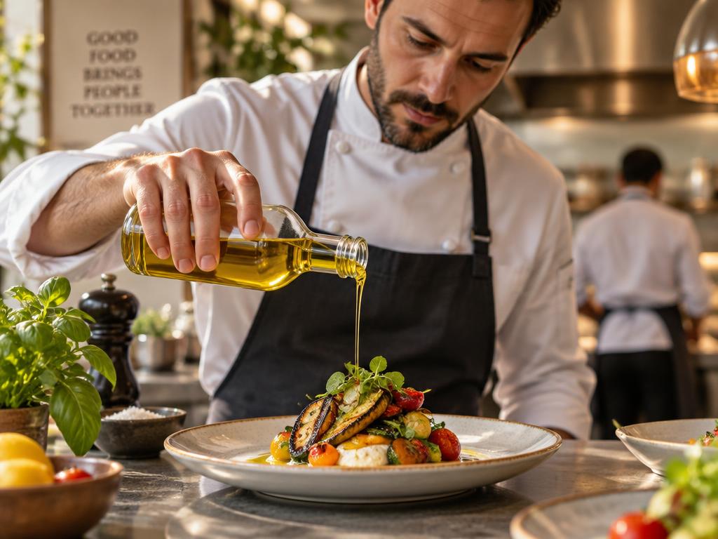 Chef versant une huile d’olive sur une assiette gastronomique